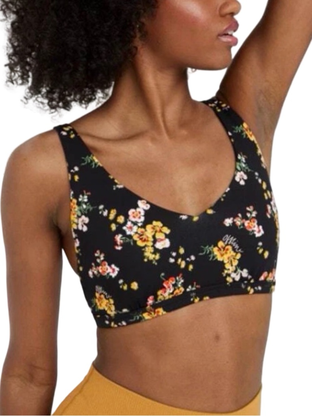 Offline by aerie Goals True Black Floral Plunge Sports Bra - Size Medium